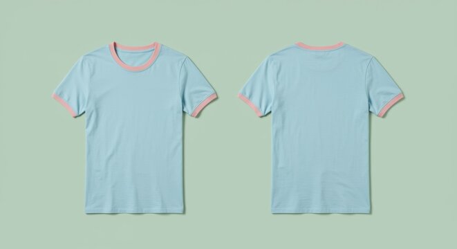 Pastel blue short sleeved t-shirt mockup showing front and back views on green background for apparel brand catalog with copy space and cotton texture