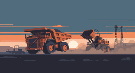 Fototapeta premium Mining vehicles in action at sunset in a moody desert landscape