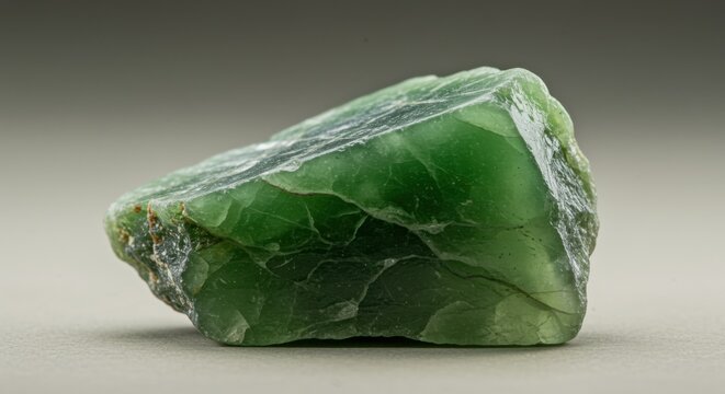 Raw green jadeite mineral specimen resting on a neutral sage surface for geological study, featuring translucent crystalline texture and copy space for organic design