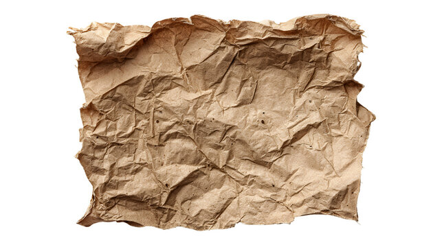 A crumpled piece of brown paper on transparent background