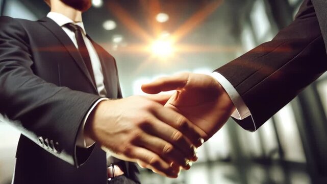Close up video of two people shaking hands under spotlight showing agreement trust and professional collaboration with dramatic lighting focus
