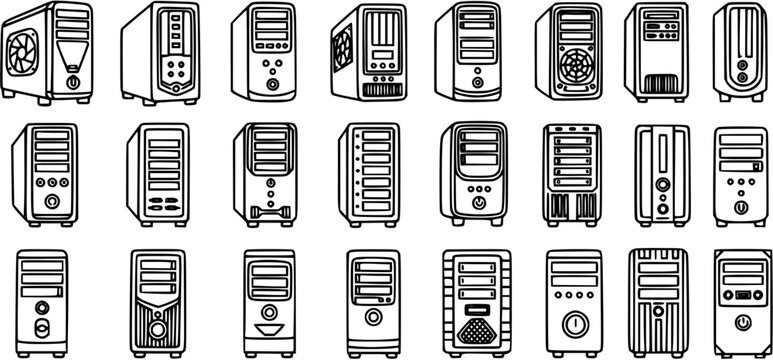 Technology Computing PC Cases Line Art Icon Set. Diverse Outline Desktop Computer Towers and Chassis Glyphs for IT Hardware  Software Design.