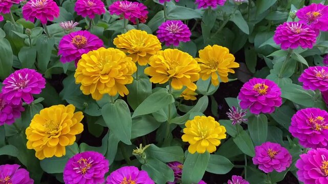 Video of zinnia flowers in pink and yellow blooming in garden bed showing vibrant petals and lush green leaves in natural outdoor setting