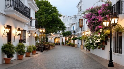 Fototapeta premium Cobbled streets are lined with flowers in pots as warm lantern light fills the air during evening time, creating a romantic setting