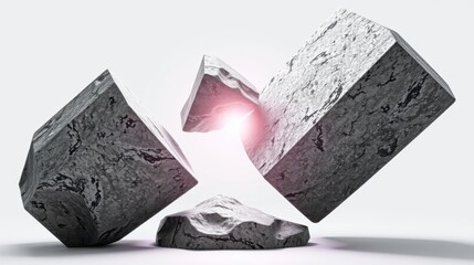 Fototapeta premium Gray stone blocks fracture, revealing bright pink light. Minimalist composition, stark contrast, modern aesthetic. Dramatic impact, conceptual art.