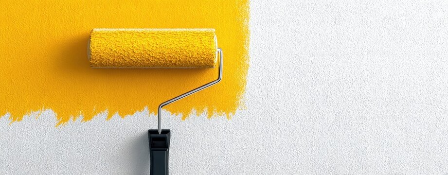 The Paint Roller Applying Bright Yellow Paint on White Wall for Modern Home