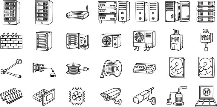 Technology Icons: Server Racks, Network Equipment, Hard Drives, CCTV, Cables in Black and White Line Art