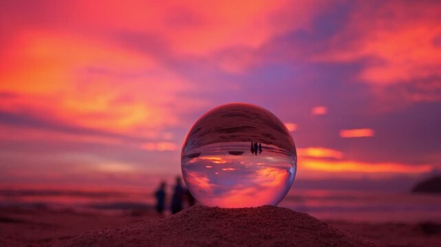 view of beautiful nature at sunset inside crystal ball.
stunning sunset over sea in a crystal ball on the beach. 
A image for a unique and creative travel..4K Videos for unusual travel ideas