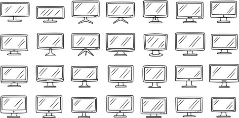 Hand-drawn Black and White Line Art Icons Set of Technology Monitors and Computer Screens Doodle Collection of Electronic Displays and Televisions. © pixsource