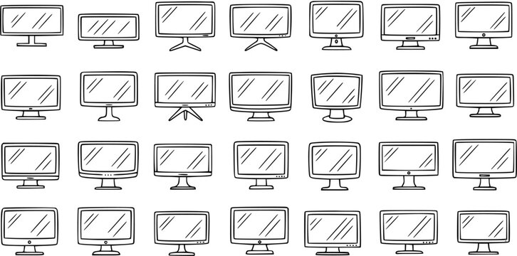 Hand-drawn Black and White Line Art Icons Set of Technology Monitors and Computer Screens Doodle Collection of Electronic Displays and Televisions.