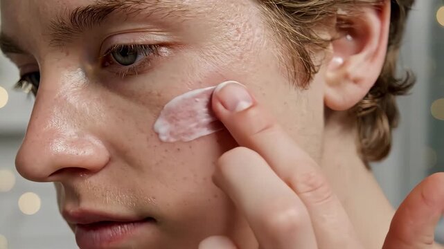 Young man applying acne treatment cream to a blemish on his cheek. Close-up of male doing daily skincare routine. Dermatology and health concept