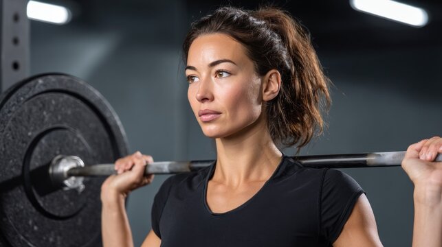 Strong woman lifting barbell in gym, showcasing determination and strength while preparing for a front squat exercise with focused expression
