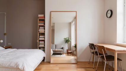 Fototapeta premium Modern Bedroom with Large Mirror and Wooden Furniture.