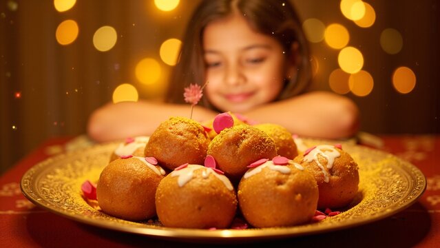 Deepa Celebrating Diwali with Festive Sweets and Golden Bokeh