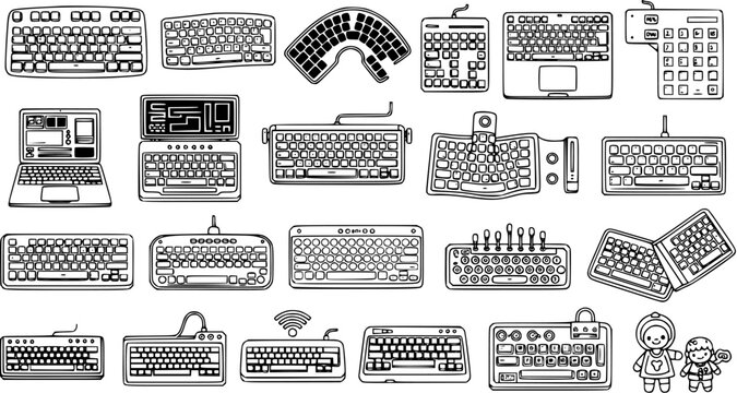 Black and White Line Art Vector Set of Technology Keyboards. Collection of Diverse Computer, Laptop, and Gaming Input Devices, Keypads, and Ergonomic Keyboard Styles.