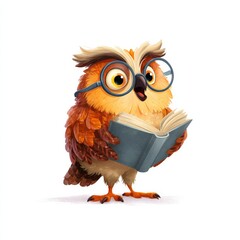 Naklejka premium a cute cartoon illustration of an owl wearing glasses reading a book