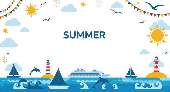 Vibrant summer background featuring nautical elements like sailboats, cruise ships, lighthouses, and jumping dolphins.