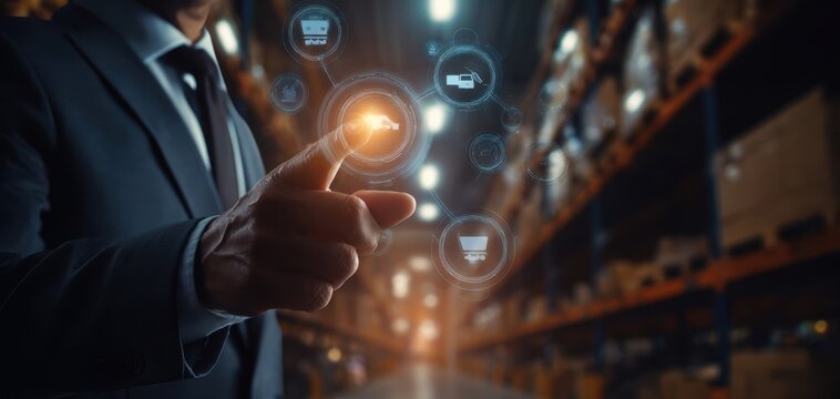 The businessman interacting with digital supply chain holograms in a warehouse environment