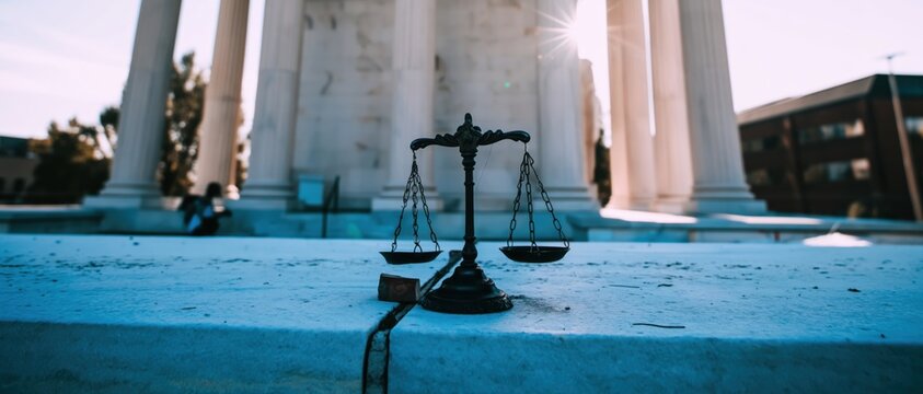 Scales of justice on stone ledge with courthouse building background and sun flare for legal advice service banner and law firm advertising website