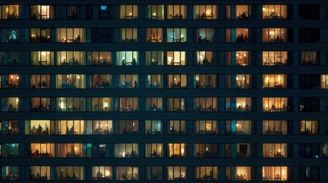 Apartment building exterior with illuminated windows at night, showing various indoor activities