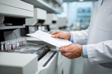 Fototapeta premium Laboratory technician in white coat reviews test results beside automated analyzer in lab