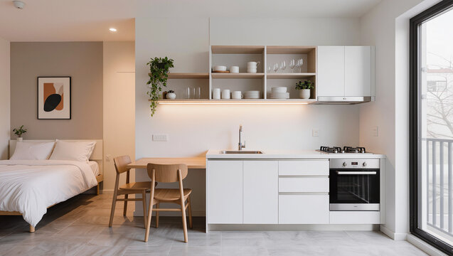 Modern Studio Apartment with Compact Kitchen and Bed.