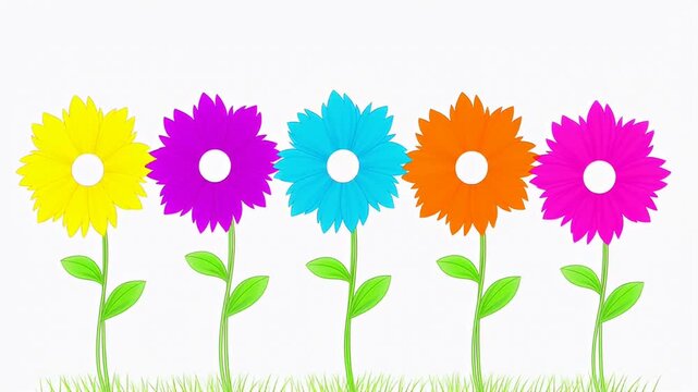 Five Colorful Flowers in a Row, with Green Stems and Leaves