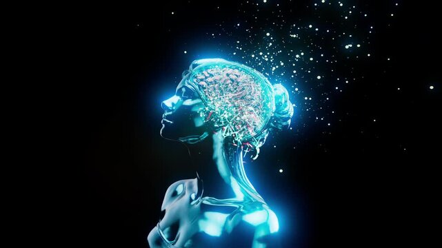 Conceptual 3D animation of a happy woman with visible brain and happiness molecules