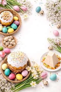 Flat lay Easter composition with traditional cake, painted eggs and spring flowers on white background
