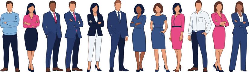 Fototapeta premium Diverse business people group standing together in formal attire, professional team concept, corporate workforce illustration isolated on white background