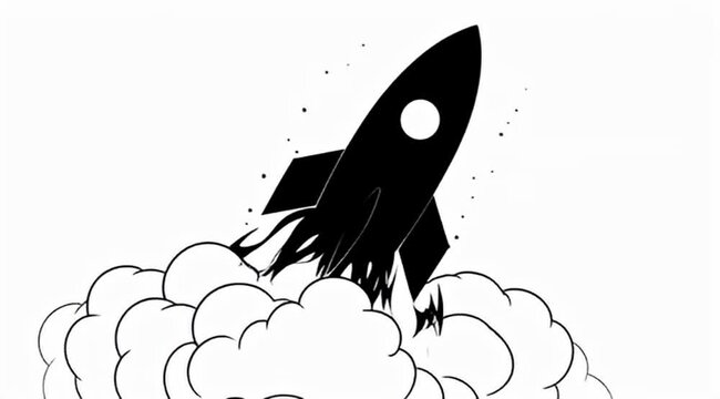 Stylized monochrome rocket launching into the sky with puffy clouds and sparks