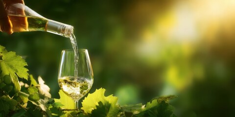 Fototapeta premium The Wine Glass Being Poured with White Wine in Sunlit Vineyard Setting