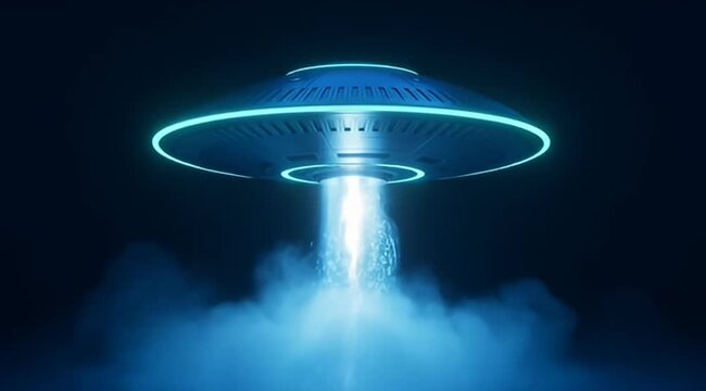 Glowing extraterrestrial spacecraft emitting bright light and surrounded by blue smoke effect