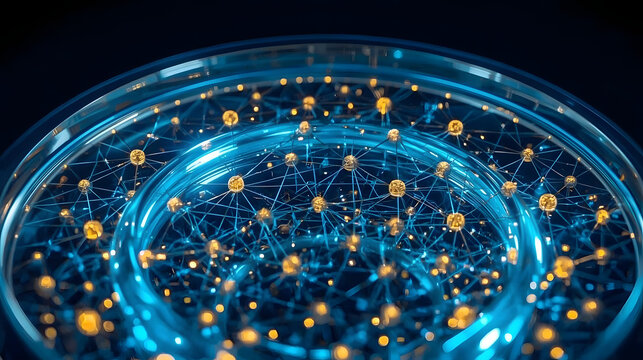 Macro view of futuristic 5D optical data storage glass disc with glowing nanostructures