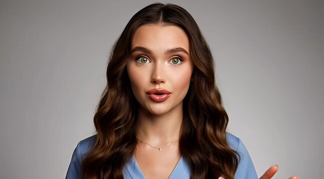 Beautiful young woman talking to camera, expressive female influencer recording video blog, brunette girl speaking in studio on grey background