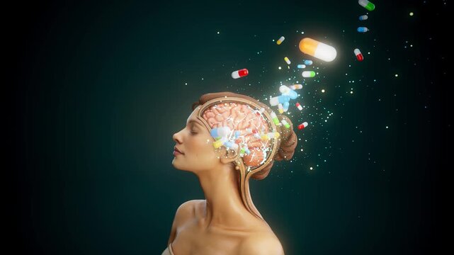 Conceptual 3D animation of a happy woman with visible brain and exploding pills