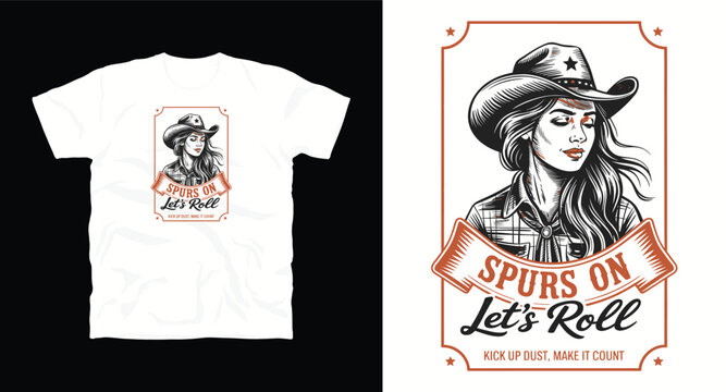 Cowgirl with spurs on lets roll text design, western lifestyle, country music, rodeo.