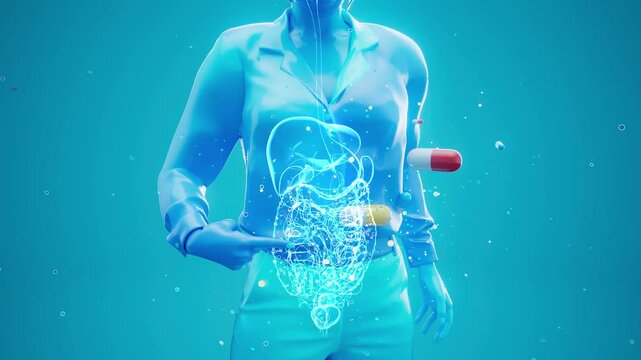 Conceptual 3D animation of a woman pointing to her microbiome with pills