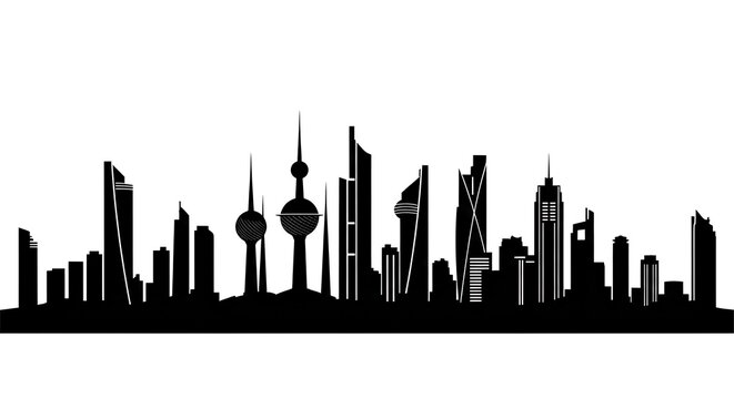 Kuwait city skyline silhouette against a plain white background