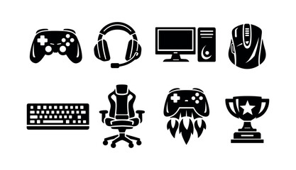 Gaming equipment silhouettes including headset, chair, console controller, trophy vector illustration © UnIcons