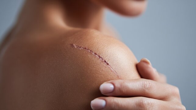 Surgical scar on the shoulder of a young adult woman with olive skin is shown in this detailed close-up shot as she touches the healing area.