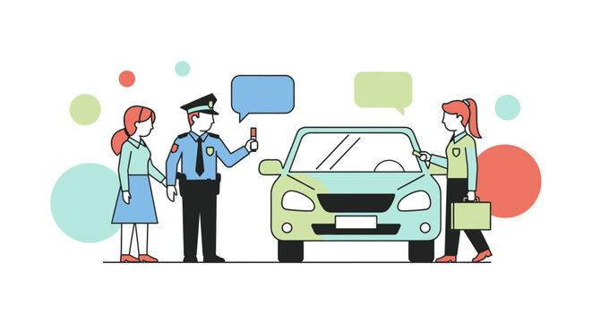 Traffic stop scene with police officer and civilians in simple flat design