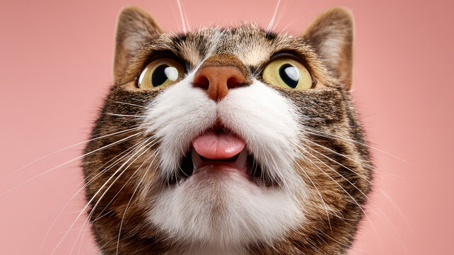A shocked cat with funny face and large eyes. Cat showing signs of surprise and fear.