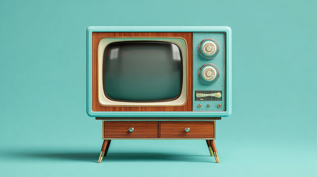 A vintage analog television on blue color background in 70s style .