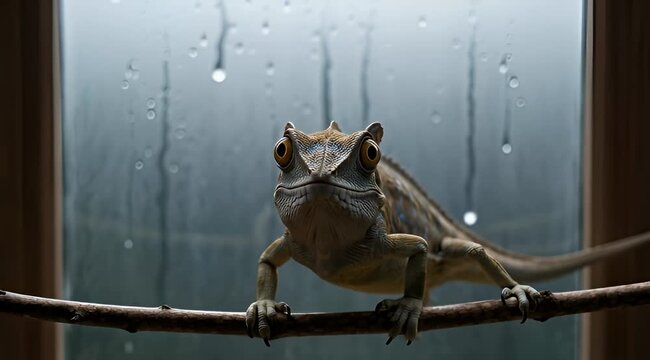Close up of a lizard perched on a branch, looking directly at viewer