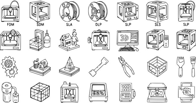 Hand-drawn 3D Printing Technology Icons Set. Line Art Sketch of Additive Manufacturing Printers, Filaments, Tools, and Software.