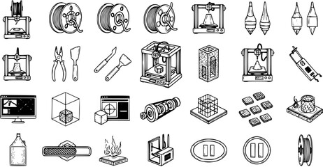Fototapeta premium 3D Printing Technology Line Art Icons Set - Hand Drawn Additive Manufacturing Tools, Machines, and Filament Elements in Black and White Doodle Style