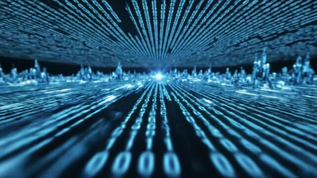 Futuristic Digital Data Stream in Cyber Space with Binary Code and Abstract Cityscape for Technology Concept
