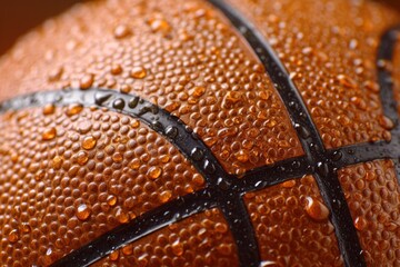 Fototapeta premium Macro close-up of a textured orange basketball covered in clear water droplets. The ball shows its pebbled surface and black lines in wet conditions.