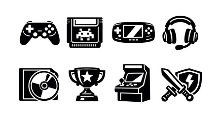 Set of retro gaming icons, video game elements, black and white silhouette vector illustrations © UnIcons